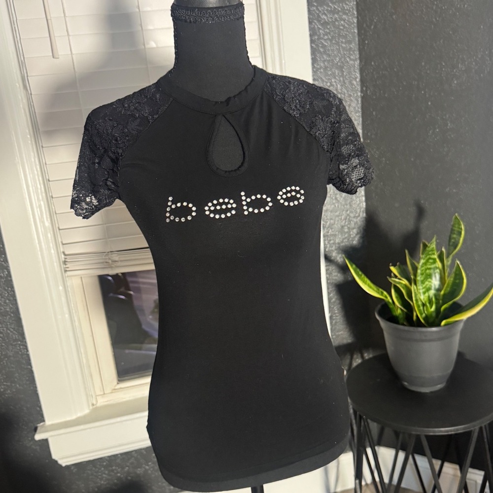 Bebe Black Rhinestone Logo Top Lace Short Sleeve Keyhole Mock Neck Y2K Blouse